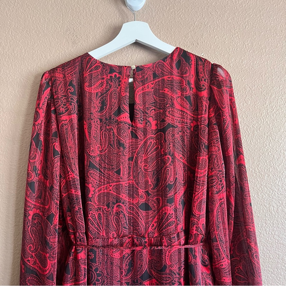 Tommy Hilfiger Paisley Chiffon Belted Long Sleeve Dress in Red Shimmer Size 14 - Picture 8 of 9